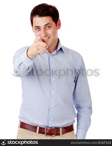 Young man isolated over white. Focused on hand