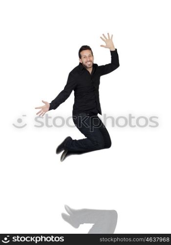 Young Man Jumping In Joy Over White Background