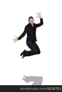 Young Man Jumping In Joy Over White Background