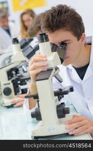 young man looking at a microscope
