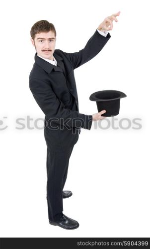 young man magician isolated on white