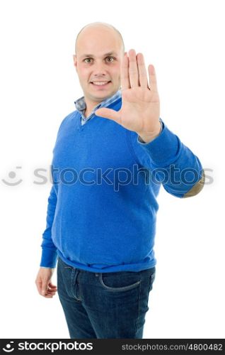 young man making stop with his hand, isolated
