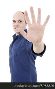 young man making stop with his hand, isolated