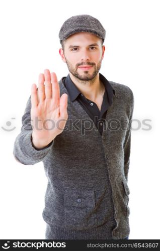 young man making stop with his hand, isolated. man making stop