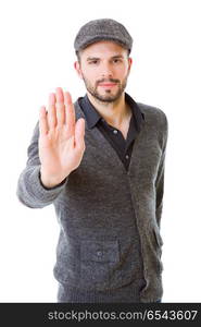 young man making stop with his hand, isolated. man making stop