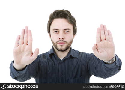 young man making stop with his hands, isolated