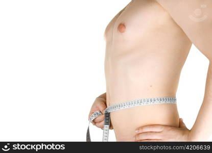 Young man measuring his body, isolated on white background