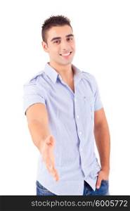 Young man offering handshake, isolated over a white background