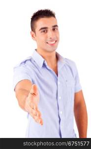 Young man offering handshake, isolated over a white background
