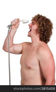 Young man performing a concert by singing in the shower