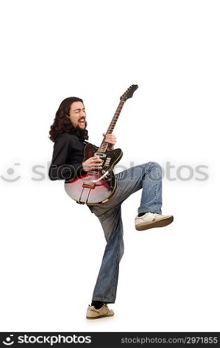 Young man playing guitar on white