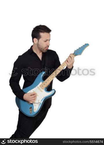 Young Man Playing Guitar Over White Background