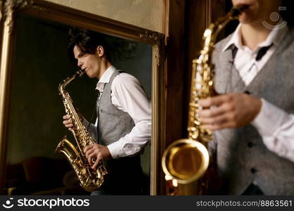 Young man playing saxophone in reflection of mirror at home. In love with music. Young man playing saxophone in reflection of mirror at home