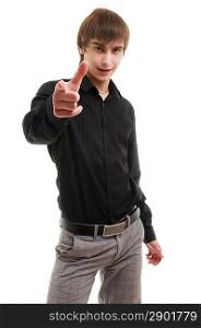 Young man pointing at camera. Isolated over white.