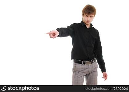 Young man pointing at left. Isolated over white.