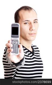 Young man portrait holding a cellphone isolated on white