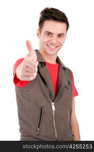 Young man posing isolated - selective focus on finger