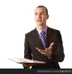 Young man preach the Gospel in front of a white background