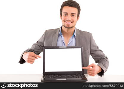 Young man presenting your product in a laptop computer