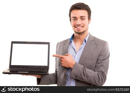 Young man presenting your product in a laptop computer