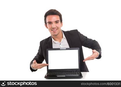 Young man presenting your product in a laptop computer
