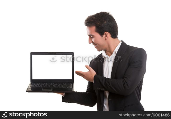 Young man presenting your product in a laptop computer