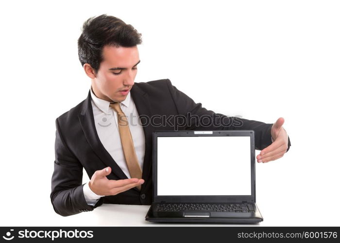 Young man presenting your product in a laptop computer