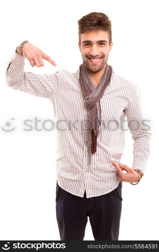 Young man presenting your product, isolated over a white background