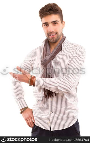 Young man presenting your product, isolated over a white background