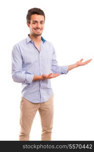 Young man presenting your product, isolated over a white background