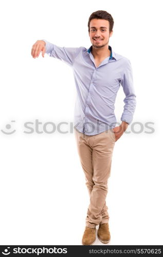 Young man presenting your product, isolated over a white background