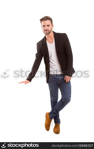 Young man presenting your product, isolated over a white background