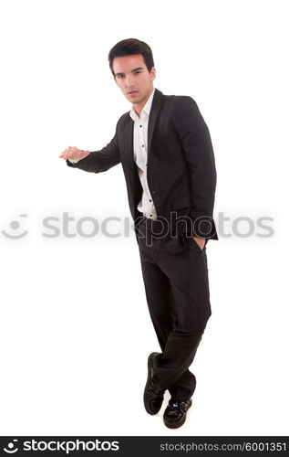 Young man presenting your product, isolated over a white background