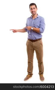 Young man presenting your product, isolated over a white background