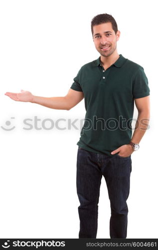 Young man presenting your product, isolated over a white background