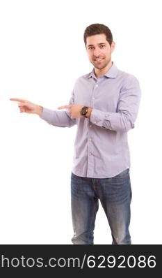 Young man presenting your product, isolated over a white background