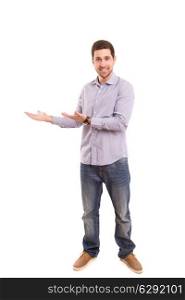 Young man presenting your product, isolated over a white background
