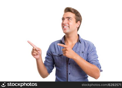 Young man presenting your product, isolated over a white background