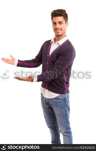 Young man presenting your product, isolated over a white background