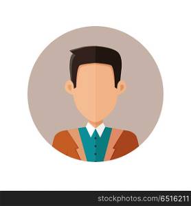 Young Man Private Avatar Icon. Young man private round avatar icon. Young man in blue shirt and brown jacket. Social networks business private users avatar pictogram. Isolated vector illustration on white background.