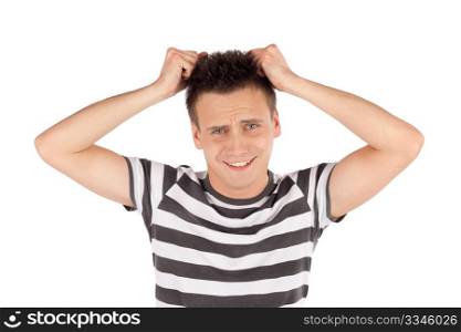 Young man pull out his hair isolated against white background