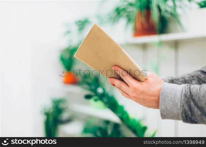 Young man reading open old paper book in the room with green plants, close up, vintage style. Spending time home during quarantine isolation. Education concept