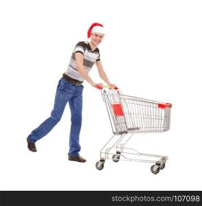 Young Man Running with Empty Shopping Trolley isolated on White Background