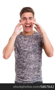 Young man screaming at you, isolated over white background