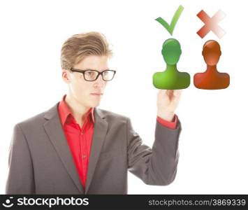 Young man selecting yes or no isolated on white background