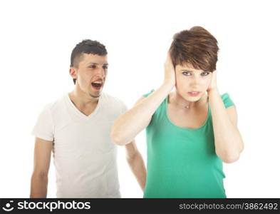 Young man shouting at young woman isolated on white background