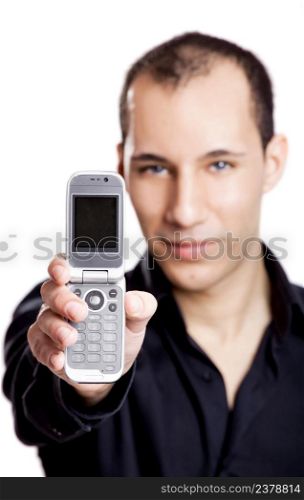 Young man showing a cell phone, isolated on white