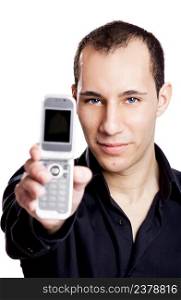 Young man showing a cell phone, isolated on white