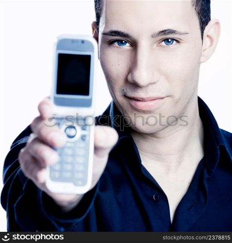 Young man showing a cell phone, toned in PS