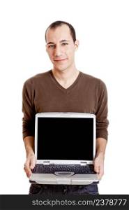 Young man showing a work presentation on the laptop, isolated on white